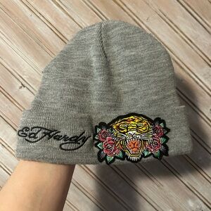 Ed Hardy Gray Beanie Tuque Tiger & Floral Embroidered Logo Design Winter Hat